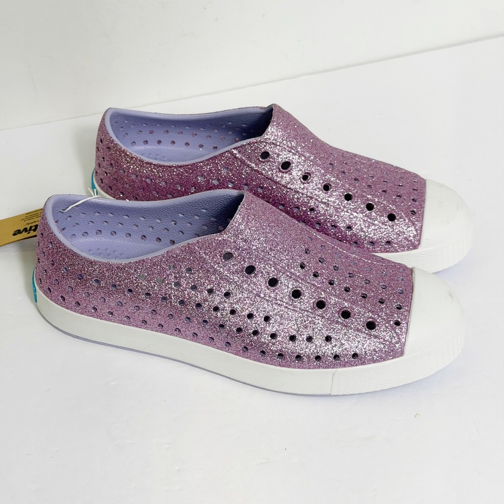 Native Jefferson Bling Shoes Kids Size J4 Purple Glitter Slip On Sneakers